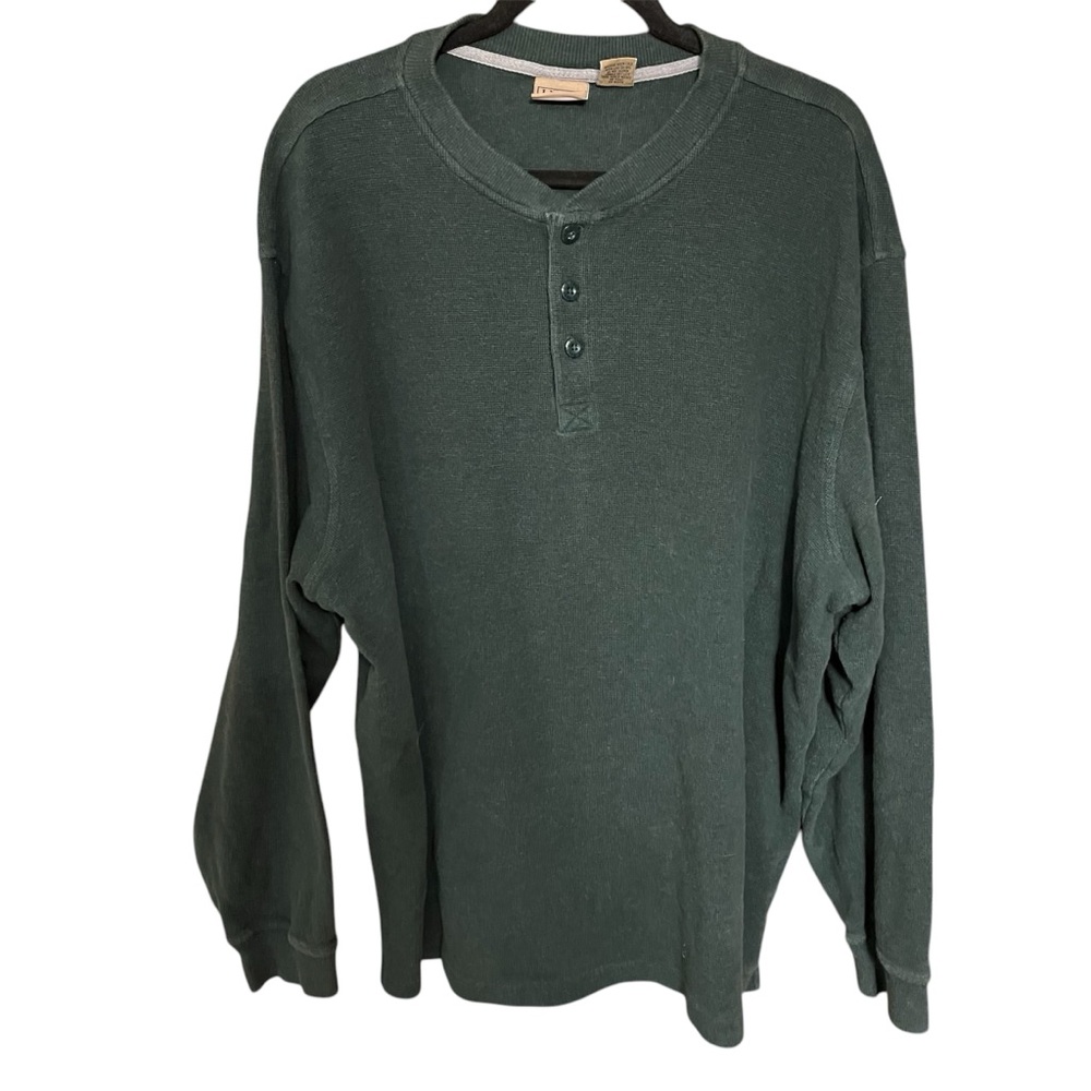 LL Bean Vtg Green Henley Pullover T Tee Thermal Traditional Fit Waffle Men XXLT